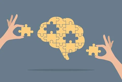 A yellow puzzle brain and two hands putting the missing pieces into it Stock Illustration