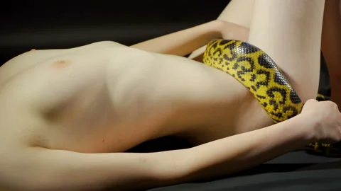 Yellow python crawling on young lying woman's hips Stock Footage 115090564
