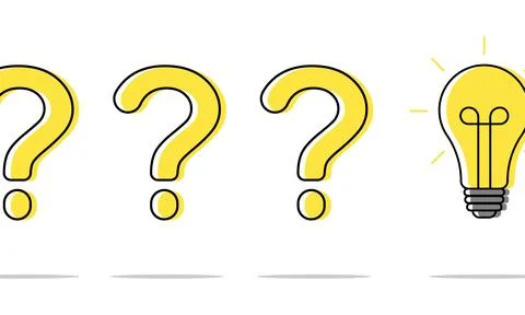 Yellow question marks line up, then turn into a light bulb.  Stock Illustration