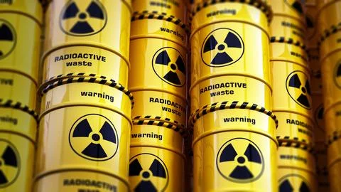 Yellow radioactive barrels stack with warning signs. 3D illustration Stock Illustration