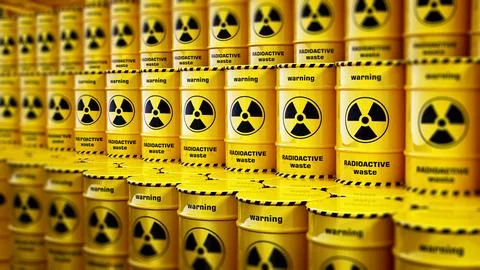 Yellow radioactive barrels stack with warning signs. 3D illustration Stock Illustration