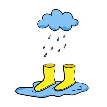 Yellow rain boots with cloud and puddle in hand-drawn style Stock Illustration
