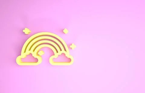 Yellow Rainbow with clouds icon isolated on pink background. Minimalism conce Stock Illustration