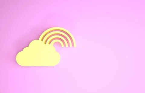 Yellow Rainbow with clouds icon isolated on pink background. Minimalism conce Stock Illustration