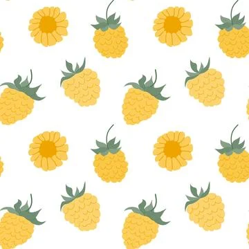 Yellow raspberry and flower pattern on white background creating a lively t.. Illustrazione stock