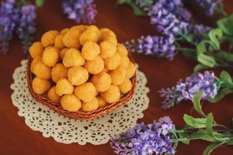 Yellow raspberry with lavander Stock Photos