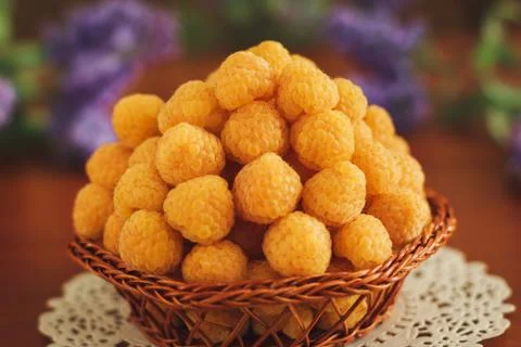 Yellow raspberry with lavander Stock Photos