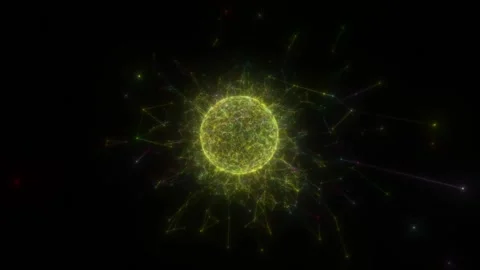 Yellow rays interspersed with colored rays form a crystalline sphere on a black Stock Footage 166015532