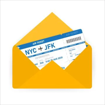 Yellow realistic envelope and two red airline tickets in it. Vector illustrat Stock Illustration