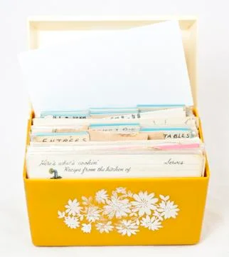 Yellow recipe box with blank recipe card Stock Photos