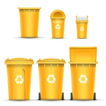 Yellow Recycling Bin Bucket Vector For Plastic Trash. Opened And Closed. Front Ilustração Stock