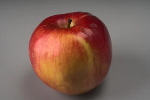 A yellow-red apple on a gray background. Stock Photos