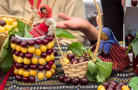 Yellow in red cherries. Stock Photos