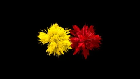 Yellow Red Color Burst Multiple colorful smoke explosions fluid particles alpha Stock Footage 105579807