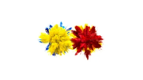 Yellow Red Color Burst - Multiple colorful smoke explosions fluid alpha matte Stock Footage 105580625