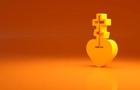 Yellow Religious cross in the heart inside icon isolated on orange background Stock Illustration