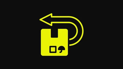 Yellow Return cardboard box icon isolated on black background. Box, package Stock Footage 233062808