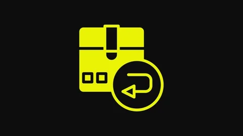 Yellow Return cardboard box icon isolated on black background. Box, package Stock Footage 233097101