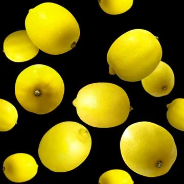 Yellow ripe lemons scattered. pattern, module. close-up, black background. .. Stock Photos