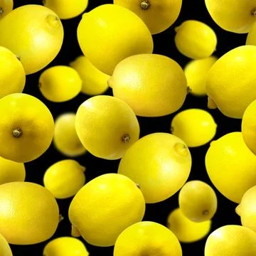 Yellow ripe lemons scattered. pattern, module. close-up, black background. .. Stock Photos