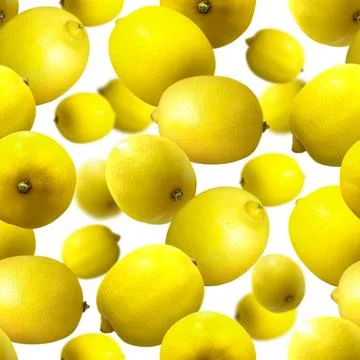 Yellow ripe lemons scattered. pattern, module. close-up, white background. .. Stock-Fotos