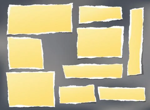 Yellow ripped notebook paper sheets, note for text or message stuck on black Stock Illustration