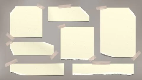 Yellow ripped, torn note, notebook paper strips stuck with sticky tape on brown Illustrazione stock