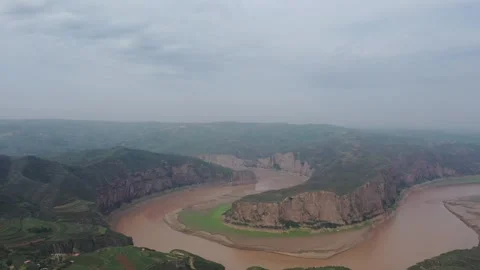 Yellow River Meander Through Sandstone Canyon Aerial View Inner Mongolia 03 Stock Footage 337812713