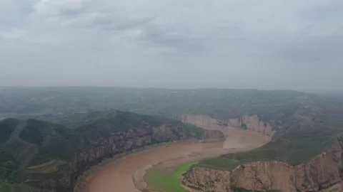 Yellow River Meander Through Sandstone Canyon Aerial View Inner Mongolia 04 Stock Footage 337812765