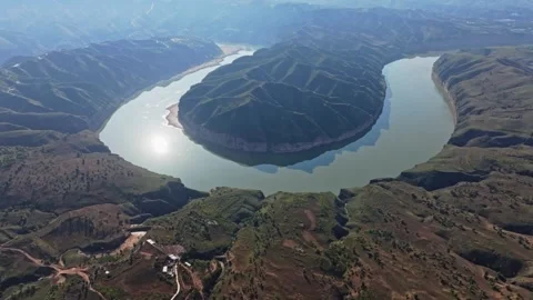 Yellow River Sunset Drone 4K Stock Footage 335580901