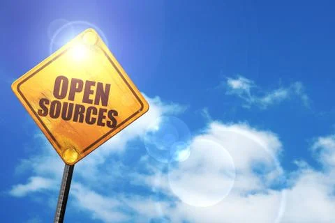 Yellow road sign with a blue sky and white clouds: open sources Stock Illustration