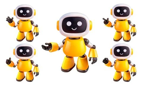Yellow robot with different arm positions and gestures. Concept of robots, .. Stock Illustration