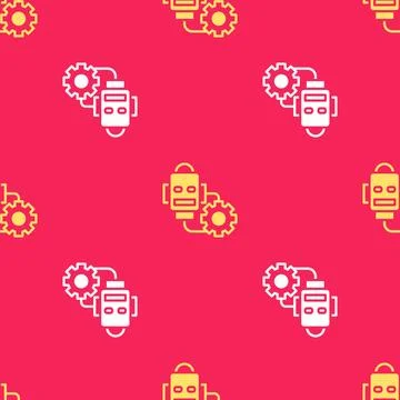 Yellow Robot setting icon isolated seamless pattern on red background Illustrazione stock