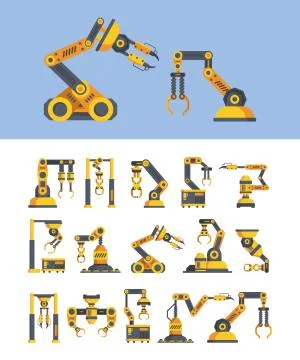 Yellow robotic arms flat vector illustrations set Stock Illustration
