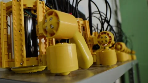 Yellow Robotic Devices Standing in Row in Manufacturing Laboratory Stock Footage 343509899