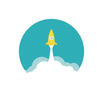 Yellow rocket and white cloud, circle icon in flat style, vector illustration イラスト素材