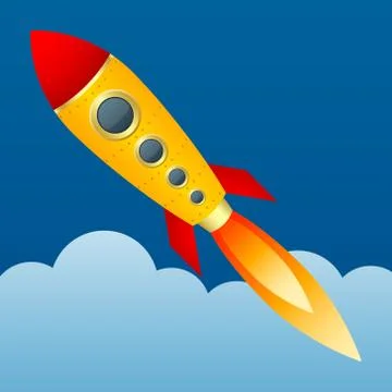 Yellow rocket on background of sky. Cartoon style. Vector Image. Stock Illustration