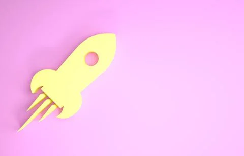 Yellow Rocket ship with fire icon isolated on pink background. Space travel.  Stock Illustration