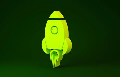 Yellow Rocket ship with fire icon isolated on green background. Space travel. Illustrazione stock