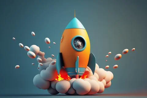 Yellow rocket space ship launch creating fire flames and cloud smoke in cartoon イラスト素材