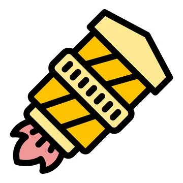 Yellow rocket taking off with diagonal stripes and pink fire Stock Illustration
