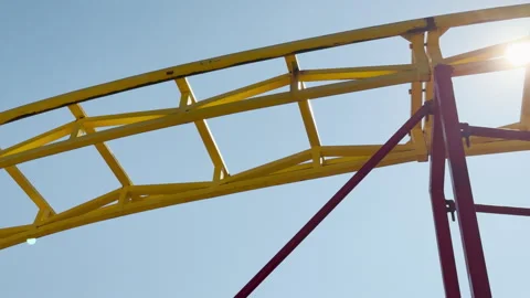 Yellow Roller Coaster Track Arches Upward Against Clear Blue Sky Stock Footage 334035846
