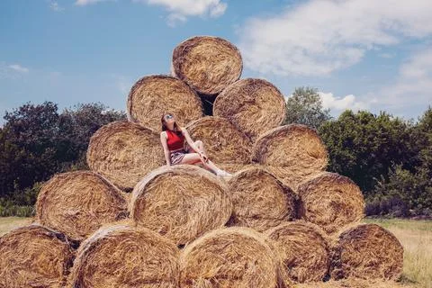 Yellow rolls of straw in the end of summer Stock Photos