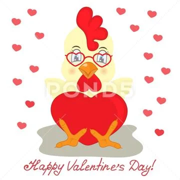 Yellow rooster in glasses with red heart. Congratulations to the St. Valentine's Stock Illustration