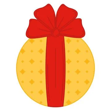 Yellow round gift box with red bow and diamond patterns, Vector Stock Illustration