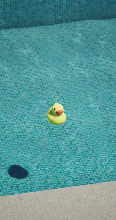 Yellow rubber duck floating in a clear blue swimming pool Stock Footage 312622510