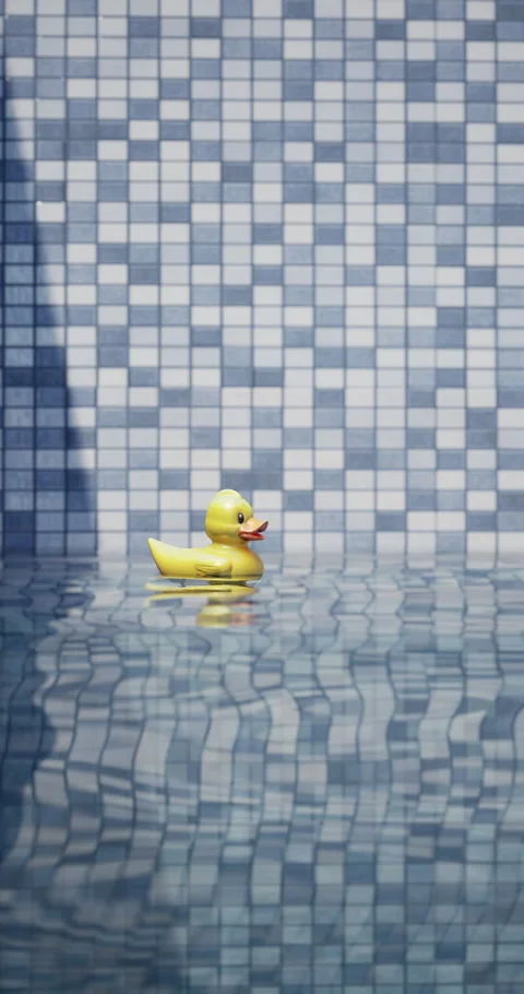 Yellow rubber duck floating in a clear blue swimming pool Stock Footage 313616220