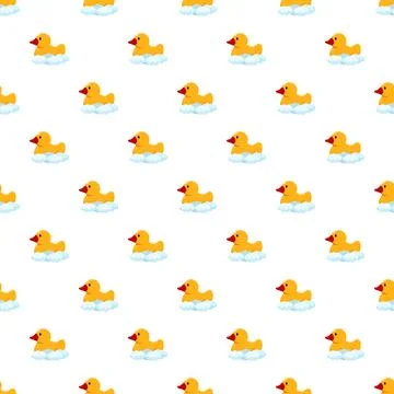 Yellow rubber ducks floating on soap bubbles seamless pattern Stock Illustration