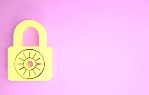 Yellow Safe combination lock wheel icon isolated on pink background. Combinat Stock-Illustration