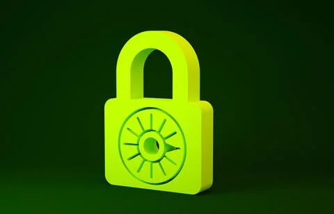 Yellow Safe combination lock wheel icon isolated on green background. Combina Stock Illustration